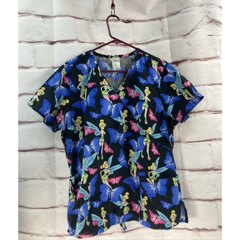 Disney Tinker Bell Scrub Top Womens L 100% Cotton Butterfly Nurse Medical Shirt